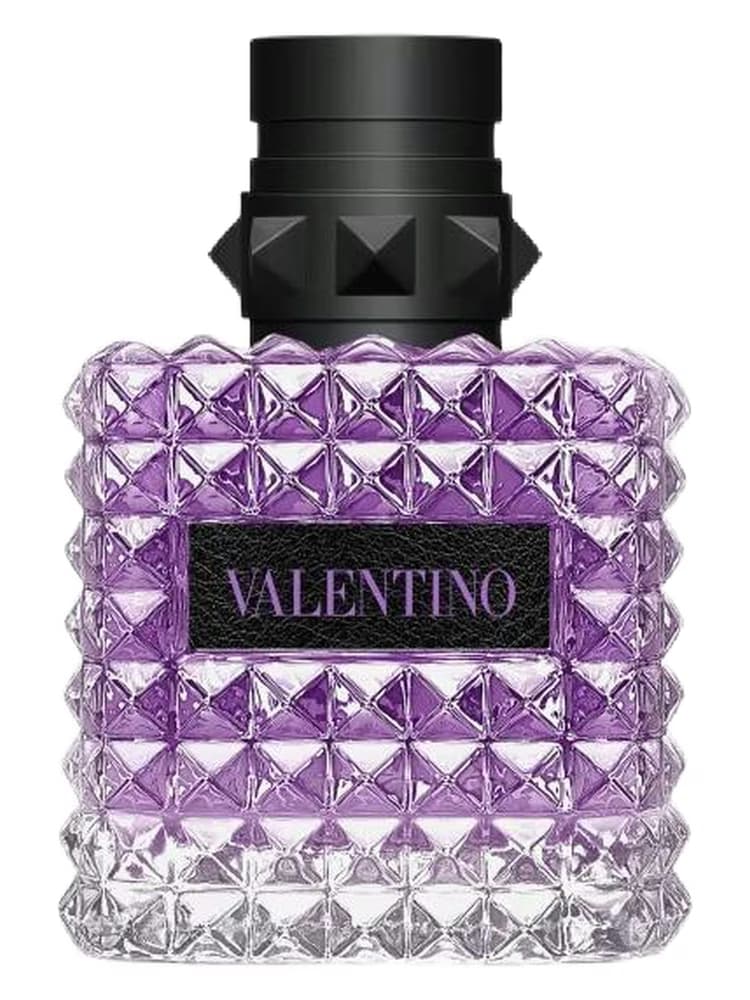 Valentino Donna Born in Roma Purple Melancholia perfume bottle – blurred decorative background