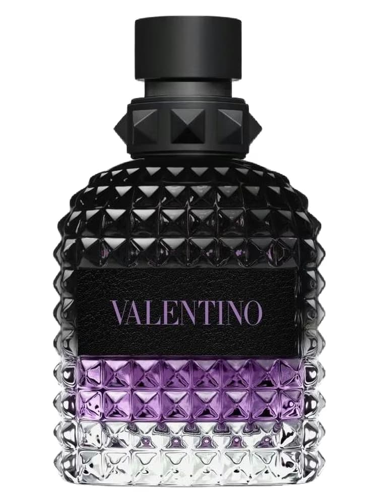 Valentino Uomo Born in Roma Purple Melancholia perfume bottle – blurred decorative background