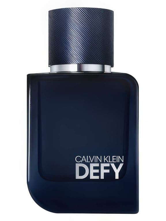 Calvin Klein Defy Parfum perfume bottle – blurred decorative background