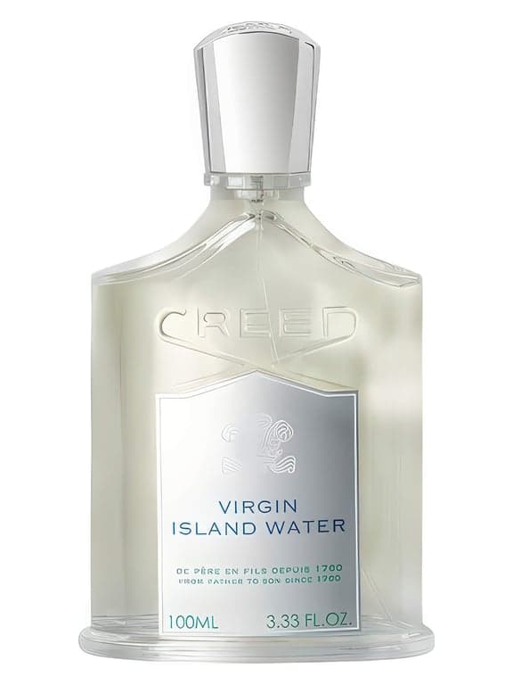 Creed Virgin Island Water perfume bottle – blurred decorative background