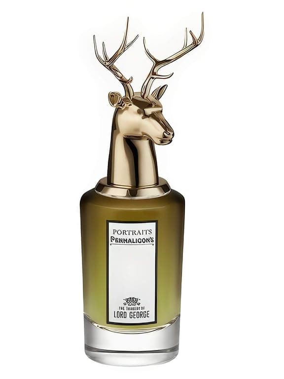 Penhaligon's The Tragedy of Lord George perfume bottle – blurred decorative background