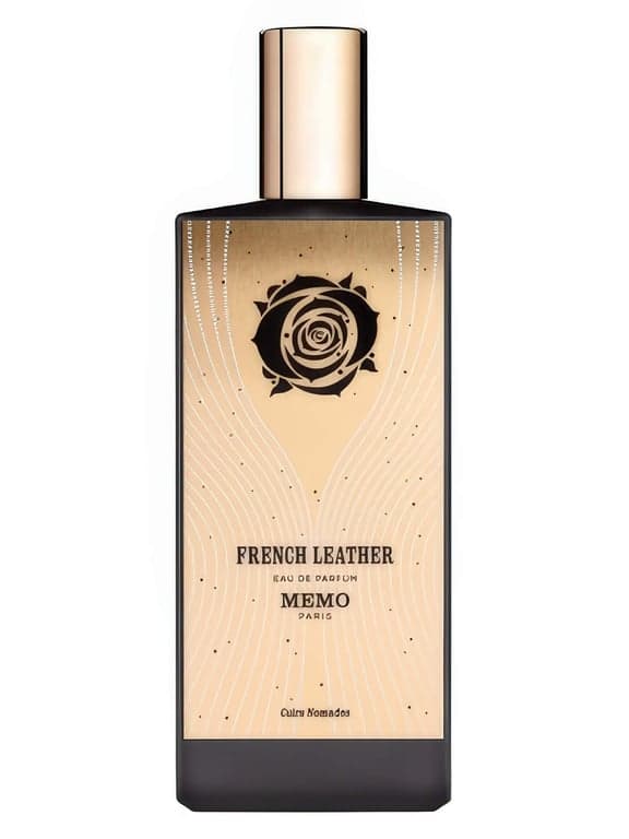 Memo Paris French Leather perfume bottle – blurred decorative background
