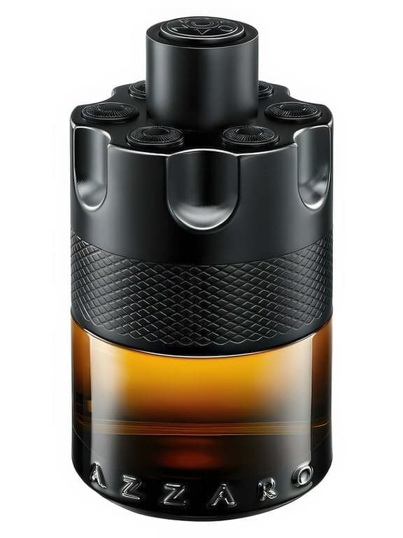 Azzaro The Most Wanted EDP perfume bottle – blurred decorative background