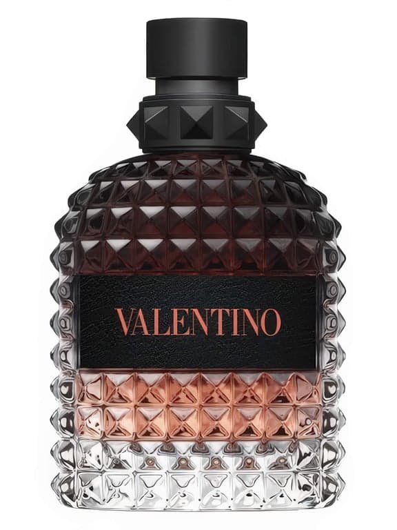 Valentino Valentino Uomo Born In Roma Coral Fantasy perfume bottle – blurred decorative background