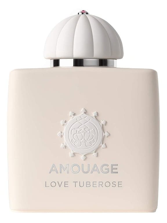 Amouage Love Tuberose perfume bottle – blurred decorative background