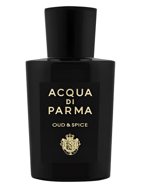 Acqua di Parma Oud & Spice perfume bottle – blurred decorative background
