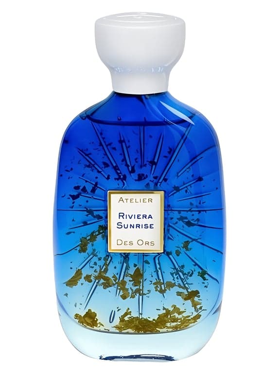 Atelier des Ors Riviera Sunrise perfume bottle – blurred decorative background