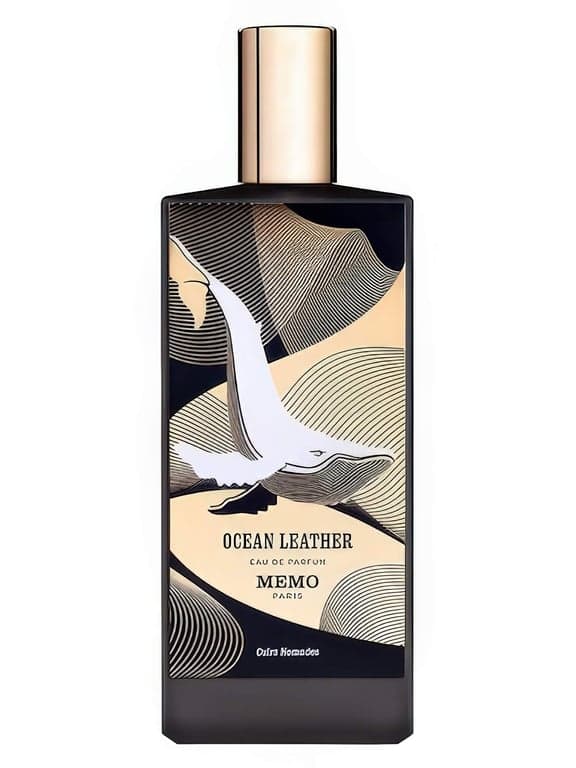 Memo Paris Ocean Leather perfume bottle – blurred decorative background