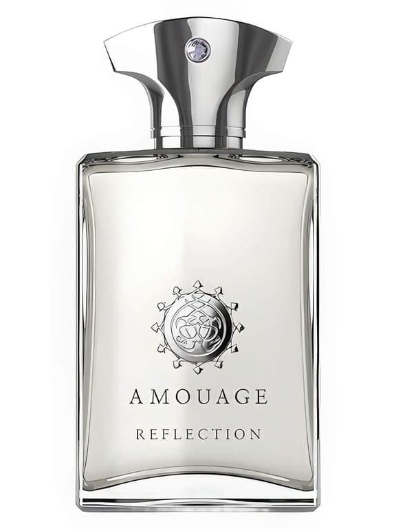 Amouage Reflection Man perfume bottle – blurred decorative background