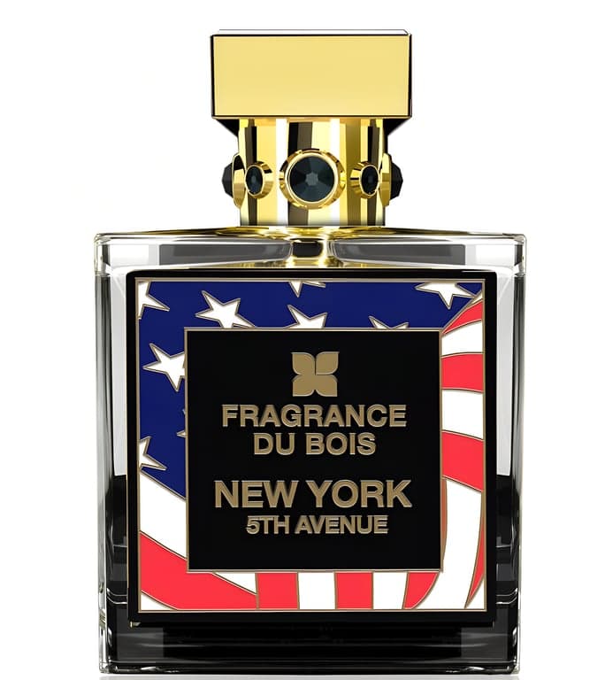Fragrance Du Bois New York 5th Avenue perfume bottle – blurred decorative background