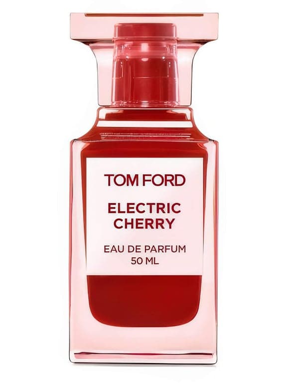 Tom Ford Electric Cherry perfume bottle – blurred decorative background