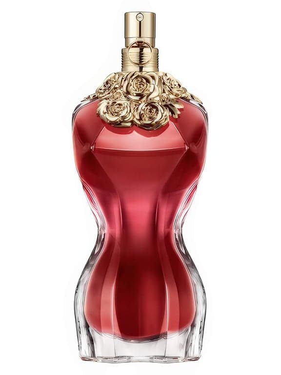 Jean Paul Gaultier La Belle perfume bottle – blurred decorative background