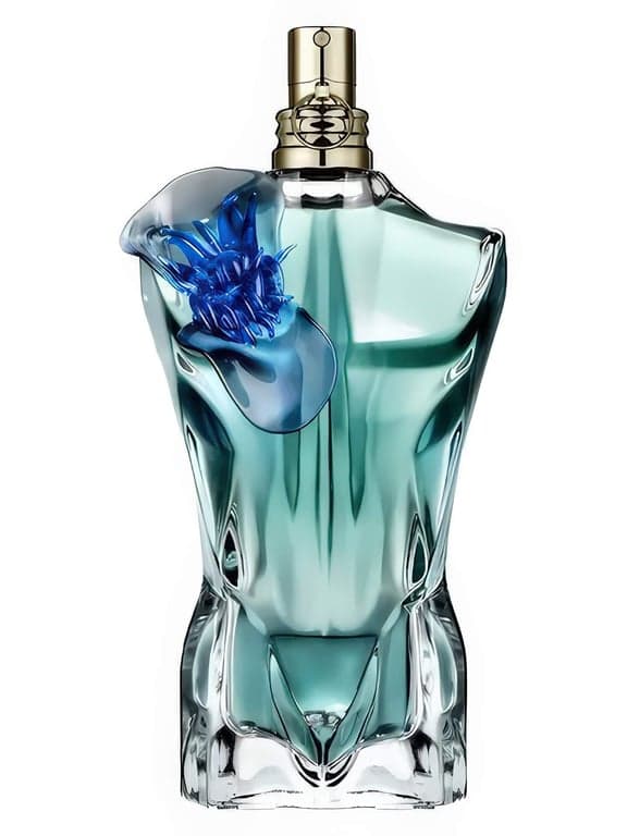 Jean Paul Gaultier Le Beau Flower Edition perfume bottle – blurred decorative background