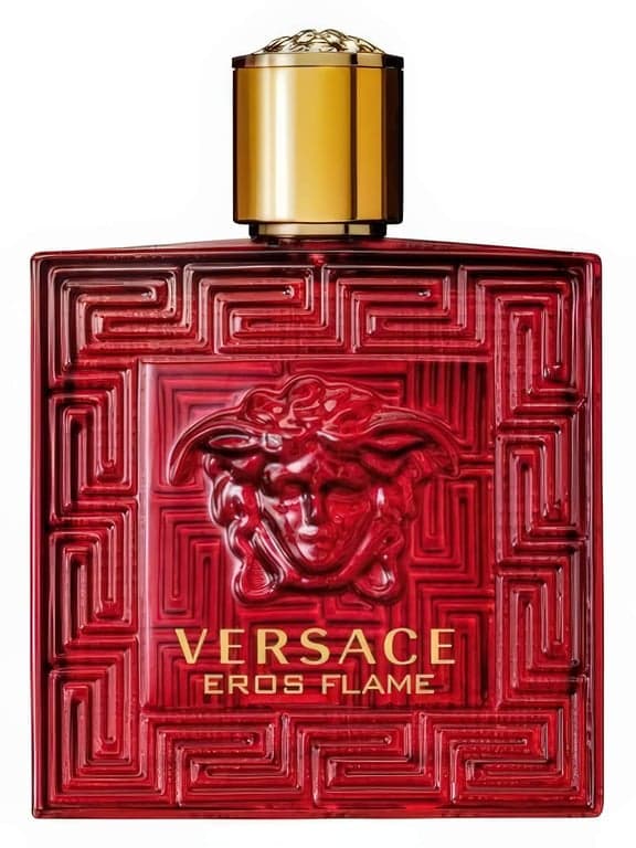 Versace Eros Flame perfume bottle – blurred decorative background