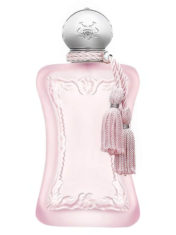 Parfums de Marly Delina La Rosée perfume bottle – blurred decorative background