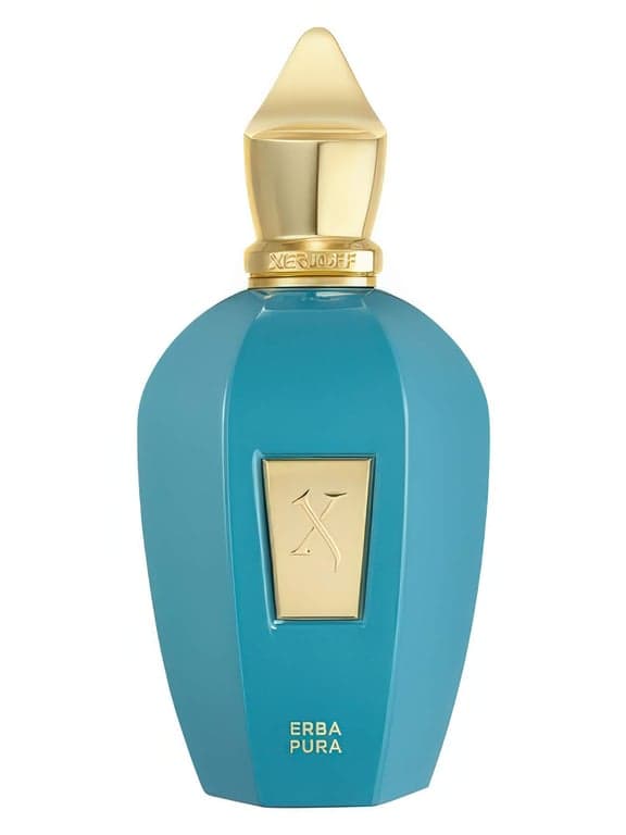 Xerjoff Erba Pura perfume bottle – blurred decorative background