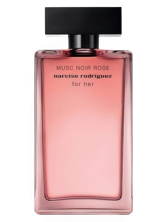 Narciso Rodriguez Musc Noir Rose For Her perfume bottle – blurred decorative background