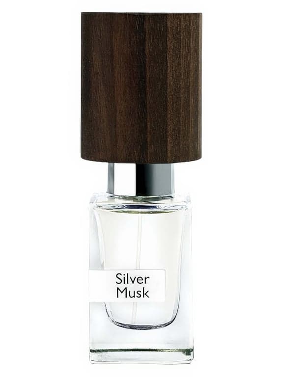 Nasomatto Silver Musk perfume bottle – blurred decorative background