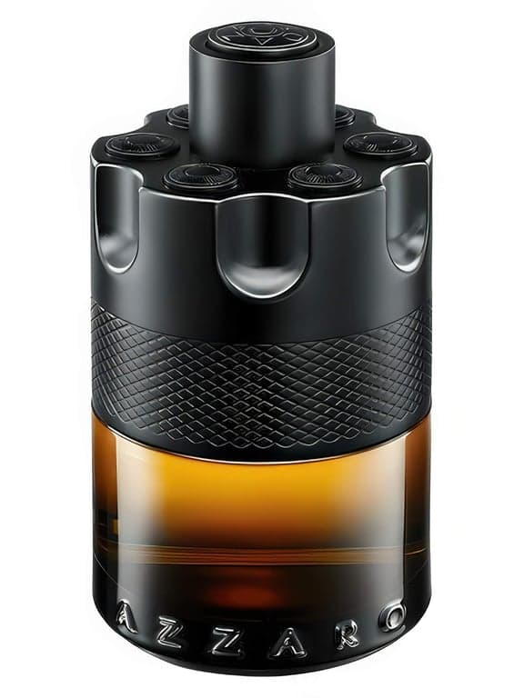 Azzaro The Most Wanted Parfum perfume bottle – blurred decorative background