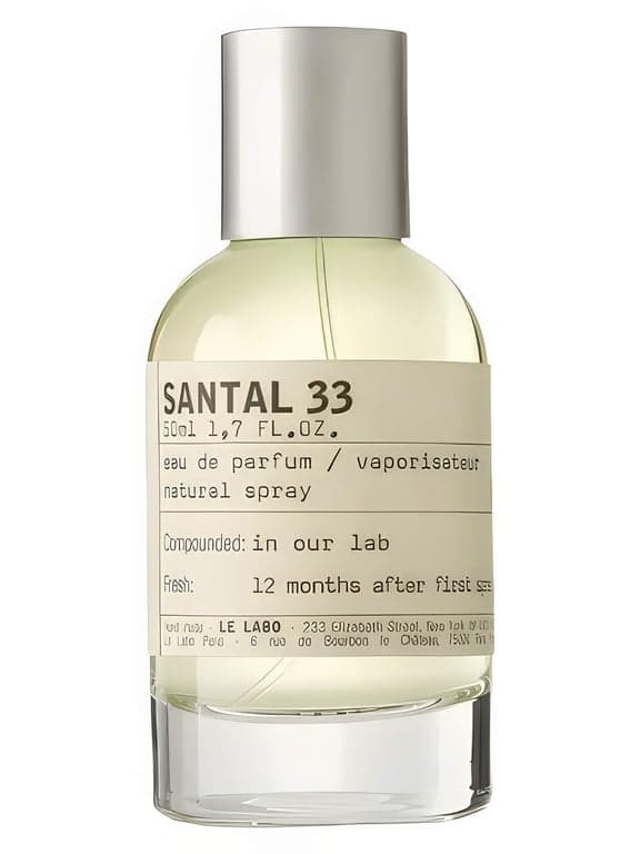 Le Labo Santal 33 perfume bottle – blurred decorative background