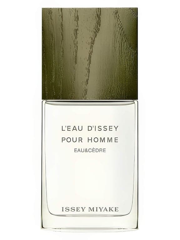 Issey Miyake L’Eau d’Issey Pour Homme Eau & Cèdre perfume bottle – blurred decorative background