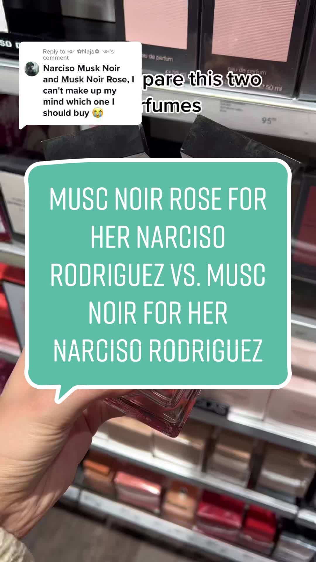 Replying to @༻ ✿Naja✿ ༺ Musc Noir For Her Narciso Rodriguez vs. Musc Noir Rose For Her Narciso Rodriguez. Both perfumes are great, but differet. Musc Noir Rose is heavier with thick tuberose and oily rose. The plums is sugary sweet, its mote like a jam. In Musc Noir the plump is more airy, watery and light. The fragrance in general is lighter and thats why i like it more, but i have to admit that they both are very beautiful.  #perfume #fragrance #parfum #narcisorodriguez #musc #muscnoirrose #muscnoir #muscnoirforher #muscnoirnarcisorodriguez #forher #viralperfume #perfumecollection #perfumes #perfumelovers #scent #beauty #perfumeaddict #fragrances #love #makeup #scentoftheday #perfumelover #eaudeparfum #fashion #fragrancelover #parfume #perfumemurah #perfumeoriginal #perfumeshop #minyakwangi #fragrancecollection #perfumery #luxury #parfumoriginal #perfumesimportados #m #skincare #sotd