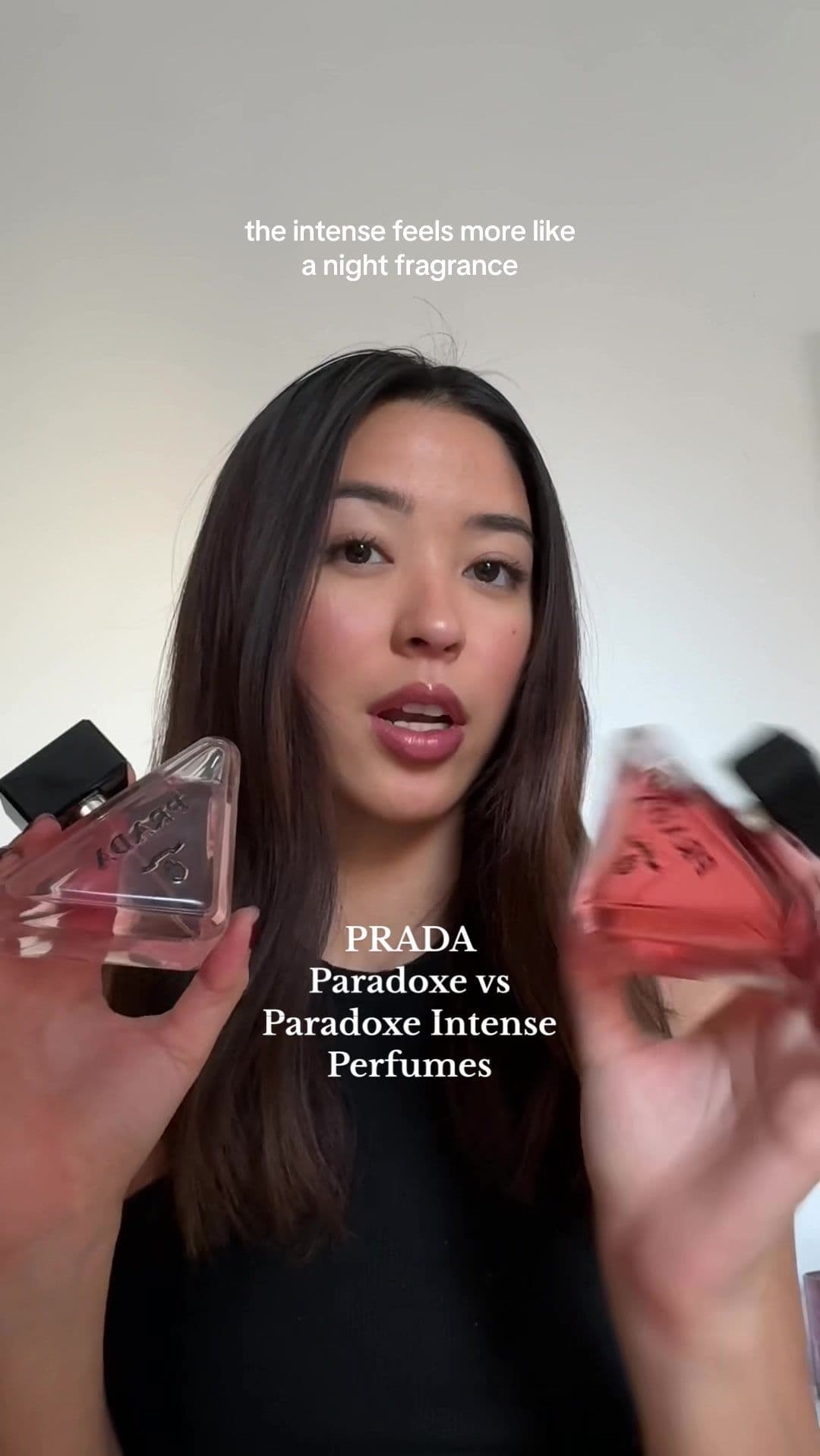 lil fragrance review comparing the perfect boss gal perfumes 💓#perfumetok #luxuryperfumes #GiftedbyPrada #NeverTheSameAlwaysMyself #Pradafragrances #PradaParadoxeIntense #PradaBeauty 